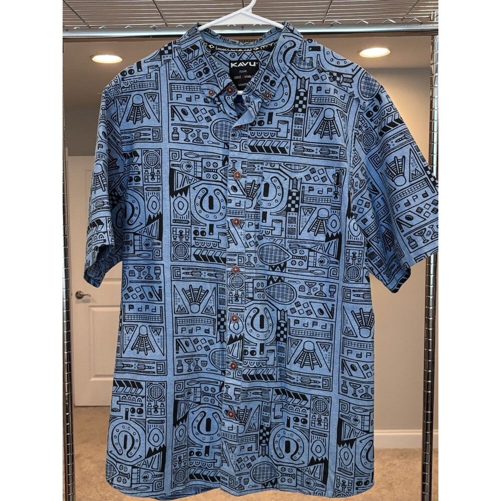 KAVU Men’s Size Large Juan Button Up S/S  Shirt Blue Novelty Backyard Games